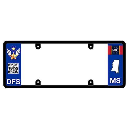 Mississippi license plate frame custom badge by DFS, the official license frame of America. Drive your identity with a high-tech smart auto exterior trim including a golden sun winged star medal, interactive scannable QR code panel print, and MS local geometry.