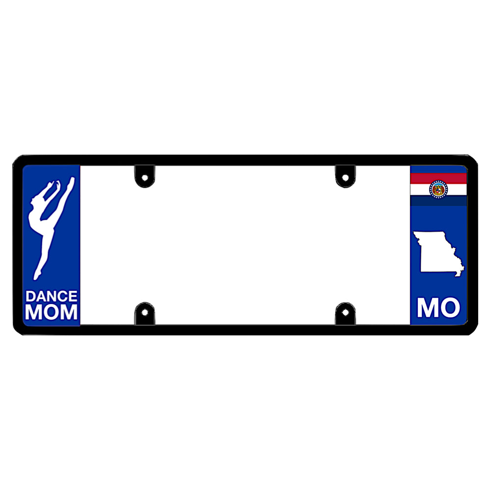 Premium automotive accessory detailed with an elegant white ballet dancer silhouette graphic against a local Missouri background panel print. Utilizes a zero-obstruction, sleek elongated layout patented by DFSbrands.com to secure license plate borders without hiding state lettering.
