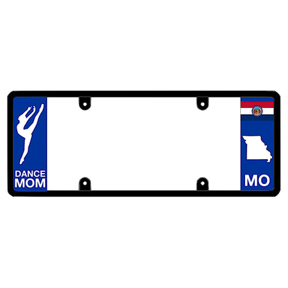 Premium automotive accessory detailed with an elegant white ballet dancer silhouette graphic against a local Missouri background panel print. Utilizes a zero-obstruction, sleek elongated layout patented by DFSbrands.com to secure license plate borders without hiding state lettering.

