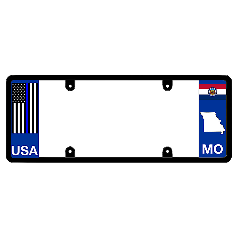 Police officer tribute exterior car accessory featuring a tactical blue line flag print alongside localized Missouri graphics. Built with our unique 100% legal, zero-obstruction sleek elongated shield invented by DFSbrands.com to fit standard vehicle tags perfectly.

