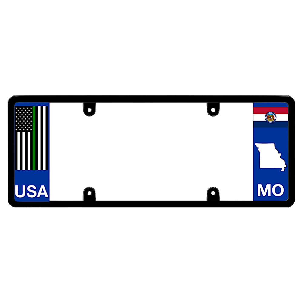 Armed forces and border patrol support vehicle bracket carrying a thin green line USA flag decal on a Midwest local theme backdrop. This unique non-blocking sleek elongated automotive hardware is patented by DFSbrands.com, the official license frame of America.
