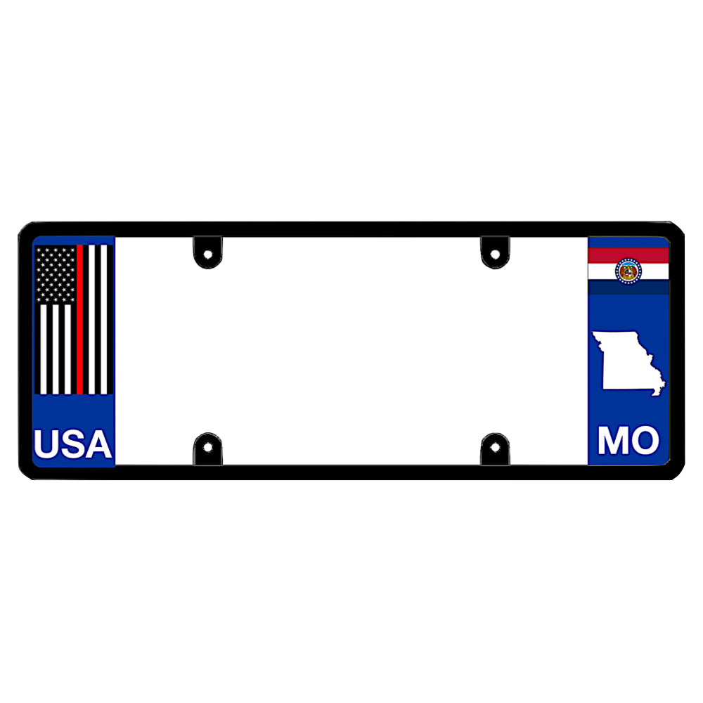 Heavy-duty volunteer firefighter commemorative car frame boasting an emergency services red stripe decal beside a Missouri state map cutout silhouette. Features a custom non-obstructing sleek elongated layout patented by DFSbrands.com, the official license frame of America.
