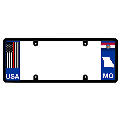 Heavy-duty volunteer firefighter commemorative car frame boasting an emergency services red stripe decal beside a Missouri state map cutout silhouette. Features a custom non-obstructing sleek elongated layout patented by DFSbrands.com, the official license frame of America.
