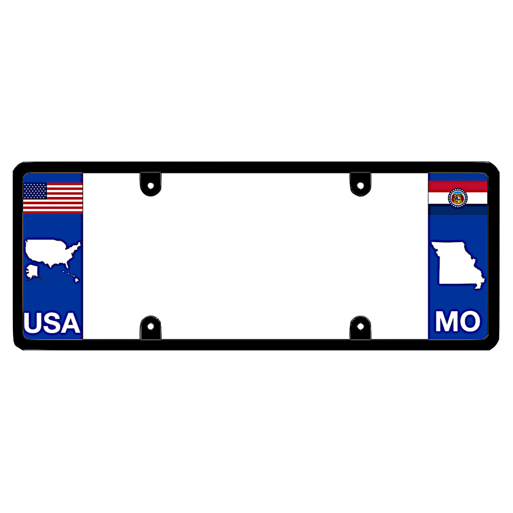 A custom Show-Me State auto gear layout showcasing a horizontal USA flag with an American silhouette map. This 100% street-legal, non-obstructing sleek elongated holder is an exclusive patented design by DFSbrands.com, built to showcase regional pride without blocking registration tags.