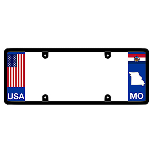 Missouri license plate frame with USA and MO state flags on a white background
