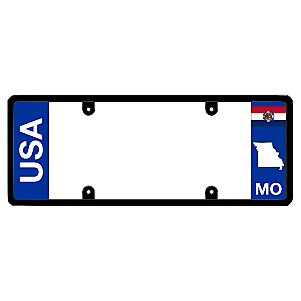Clean dual-identity auto vanity rim finished with bold vertical USA block lettering and a minimalist Missouri state flag accent. Engineered with a specialized 100% street-legal, zero-obstruction sleek elongated profile invented by DFSbrands.com to guarantee compliance with state mounting laws.
