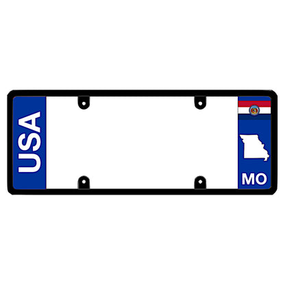 Clean dual-identity auto vanity rim finished with bold vertical USA block lettering and a minimalist Missouri state flag accent. Engineered with a specialized 100% street-legal, zero-obstruction sleek elongated profile invented by DFSbrands.com to guarantee compliance with state mounting laws.
