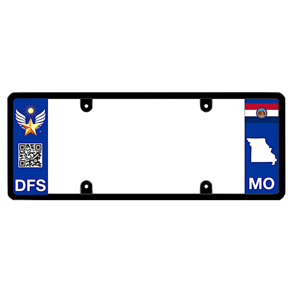 High-tech smart car exterior trim including DFS golden sun winged star medal, interactive scannable QR code design, and Missouri local geometry. This unique 100% street-legal, non-obstructing sleek elongated premium frame is produce exclusively by DFSbrands.com.
