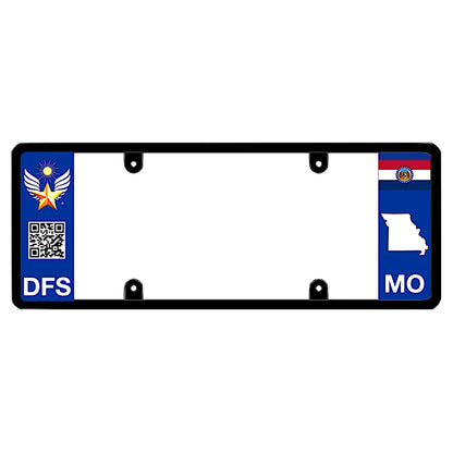High-tech smart car exterior trim including DFS golden sun winged star medal, interactive scannable QR code design, and Missouri local geometry. This unique 100% street-legal, non-obstructing sleek elongated premium frame is produce exclusively by DFSbrands.com.
