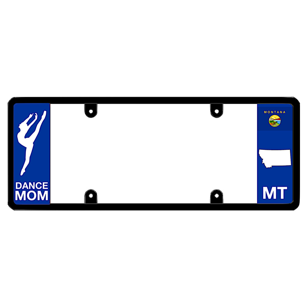 A dance mom themed black elongated Montana license plate frame showing a dancer silhouette and a blue MT panel by DFS Brands.