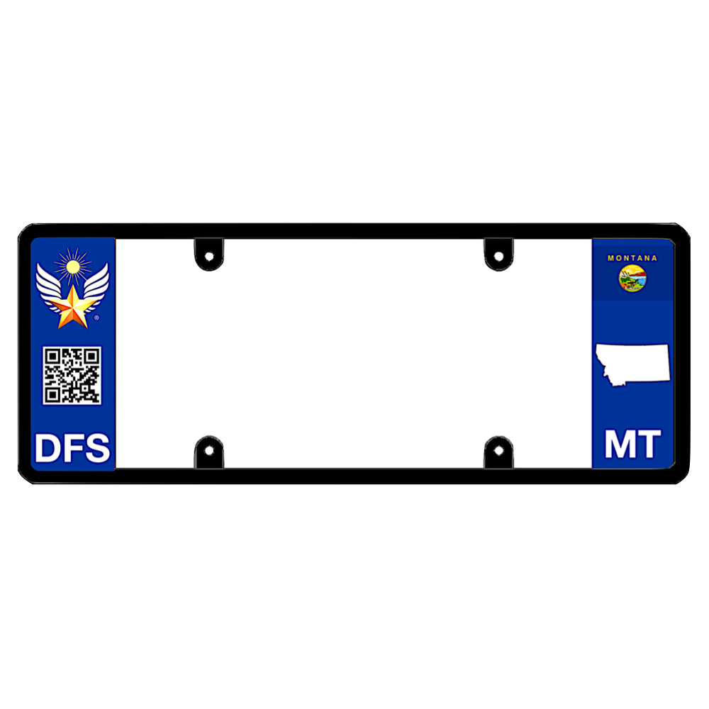 Official DFS Brands patented Montana license plate frame with a scan QR code and a blue MT logo side wing.