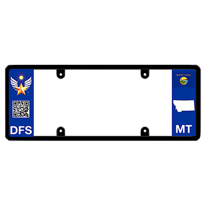 Official DFS Brands patented Montana license plate frame with a scan QR code and a blue MT logo side wing.