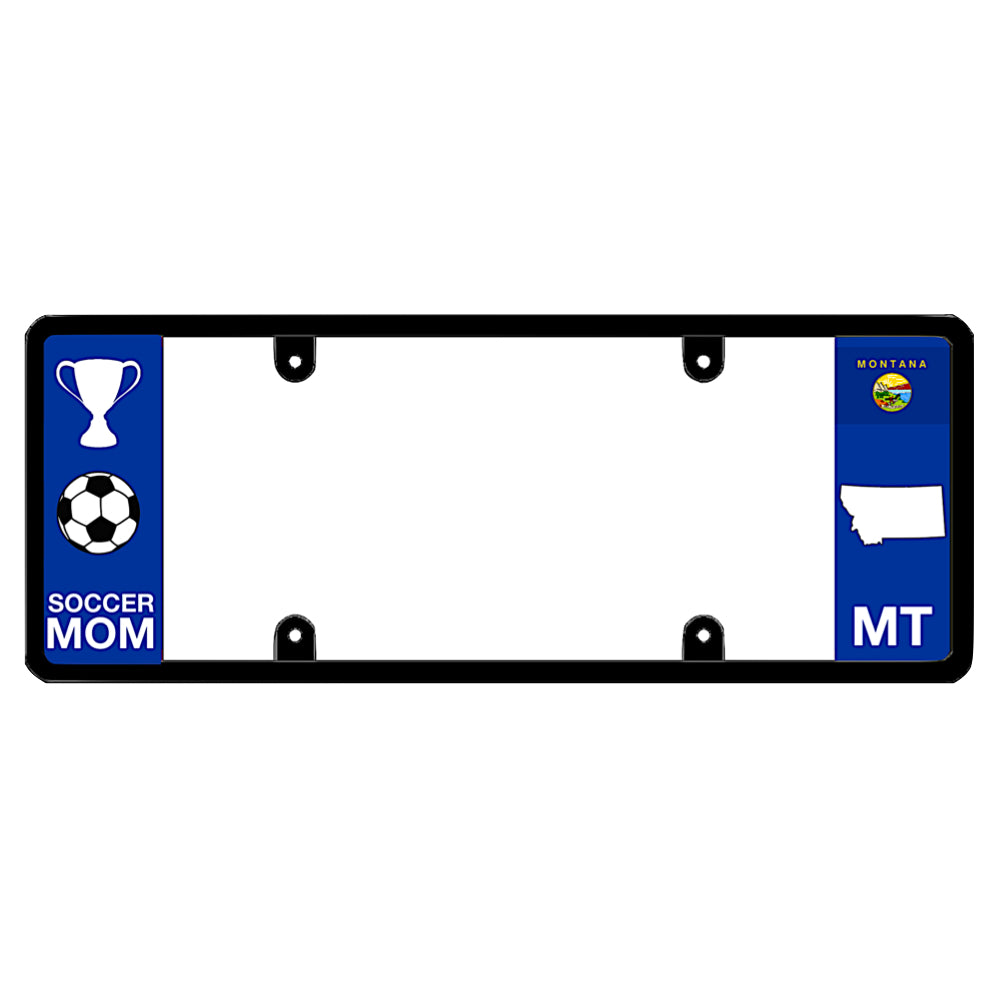 A black elongated Montana license plate frame featuring a soccer mom theme and a blue MT side panel by DFS Brands.
