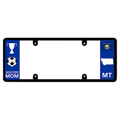 A black elongated Montana license plate frame featuring a soccer mom theme and a blue MT side panel by DFS Brands.
