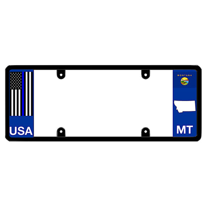 A black elongated Montana license plate frame with a thin blue line flag and printed MT text by DFS Brands.