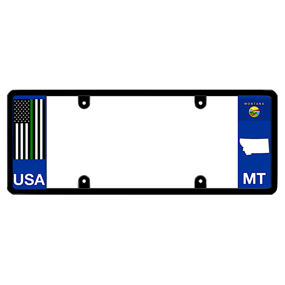 A black elongated Montana license plate holder with a tactical thin green line flag and printed MT graphics by DFS Brands.