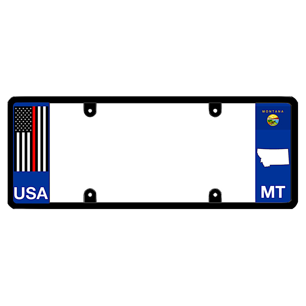A black elongated Montana license plate frame featuring a thin red line firefighter flag and blue MT text panel by DFS Brands.
