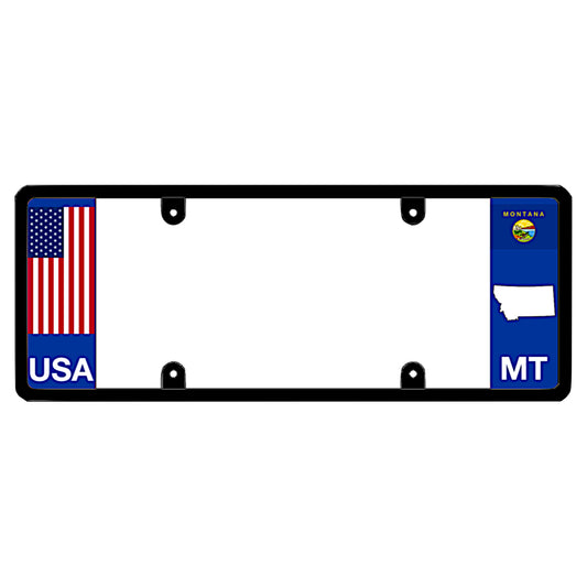 Montana license plate frame with USA and MT state flags design on a white background