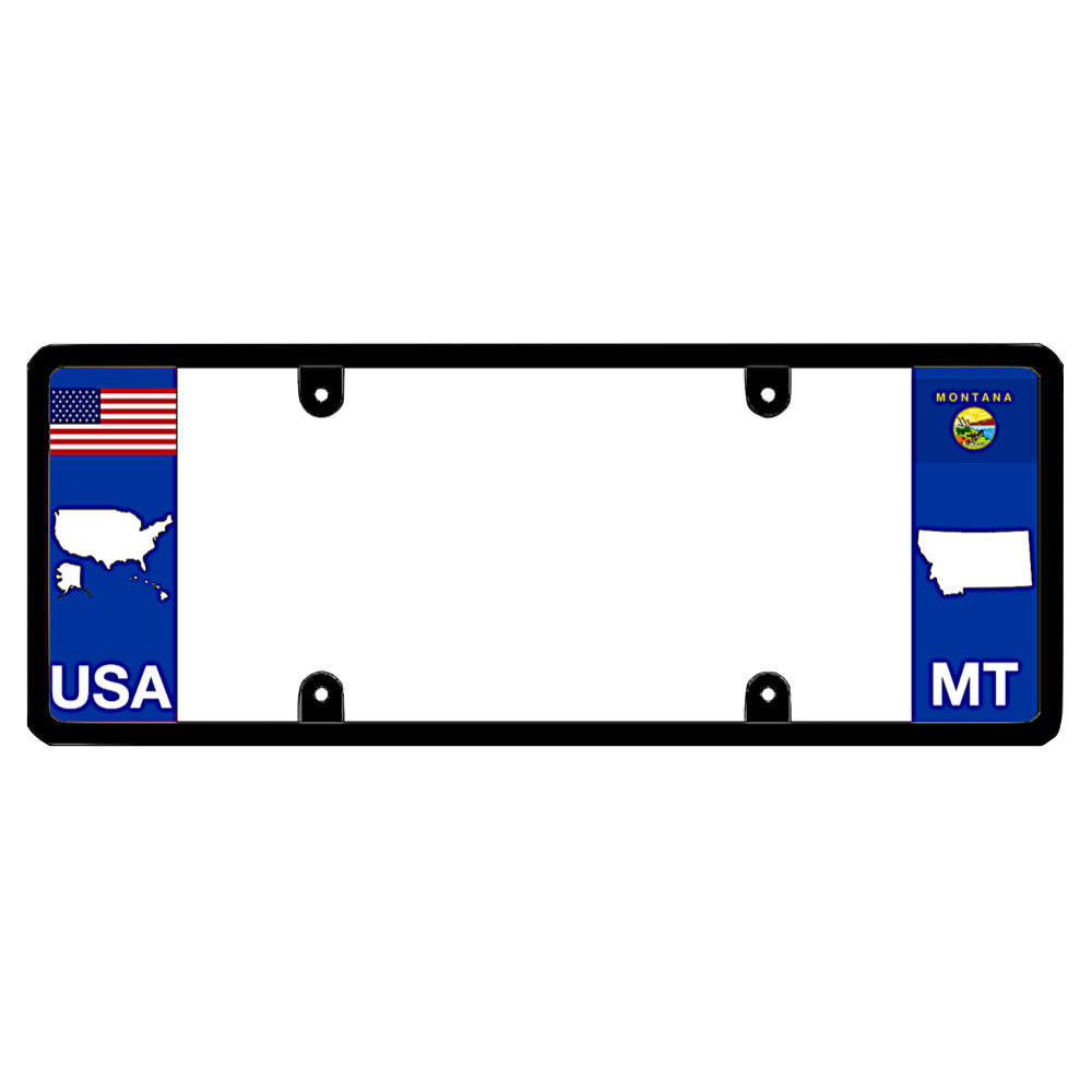 A black elongated Montana car tag holder showcasing a USA map graphic and a white MT state silhouette by DFS Brands.