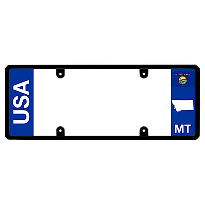 A black elongated Montana license plate frame featuring clean bold vertical USA and MT text panels by DFS Brands.