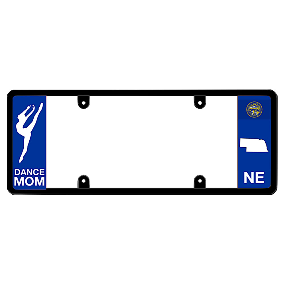 A dance mom themed black elongated Nebraska license plate frame showing a dancer silhouette and a blue NE panel by DFS Brands.