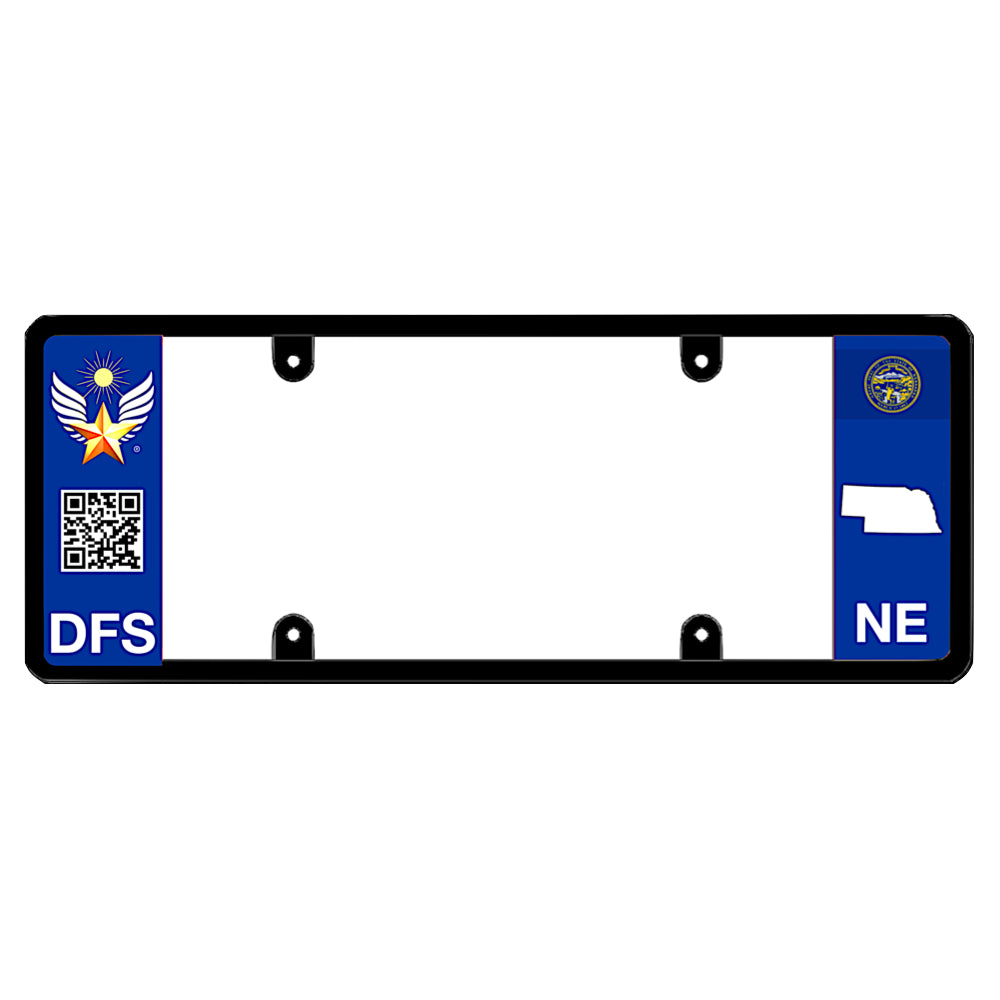 Official DFS Brands patented Nebraska license plate frame with a scan QR code and a blue NE logo side wing.