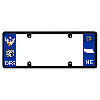 Official DFS Brands patented Nebraska license plate frame with a scan QR code and a blue NE logo side wing.
