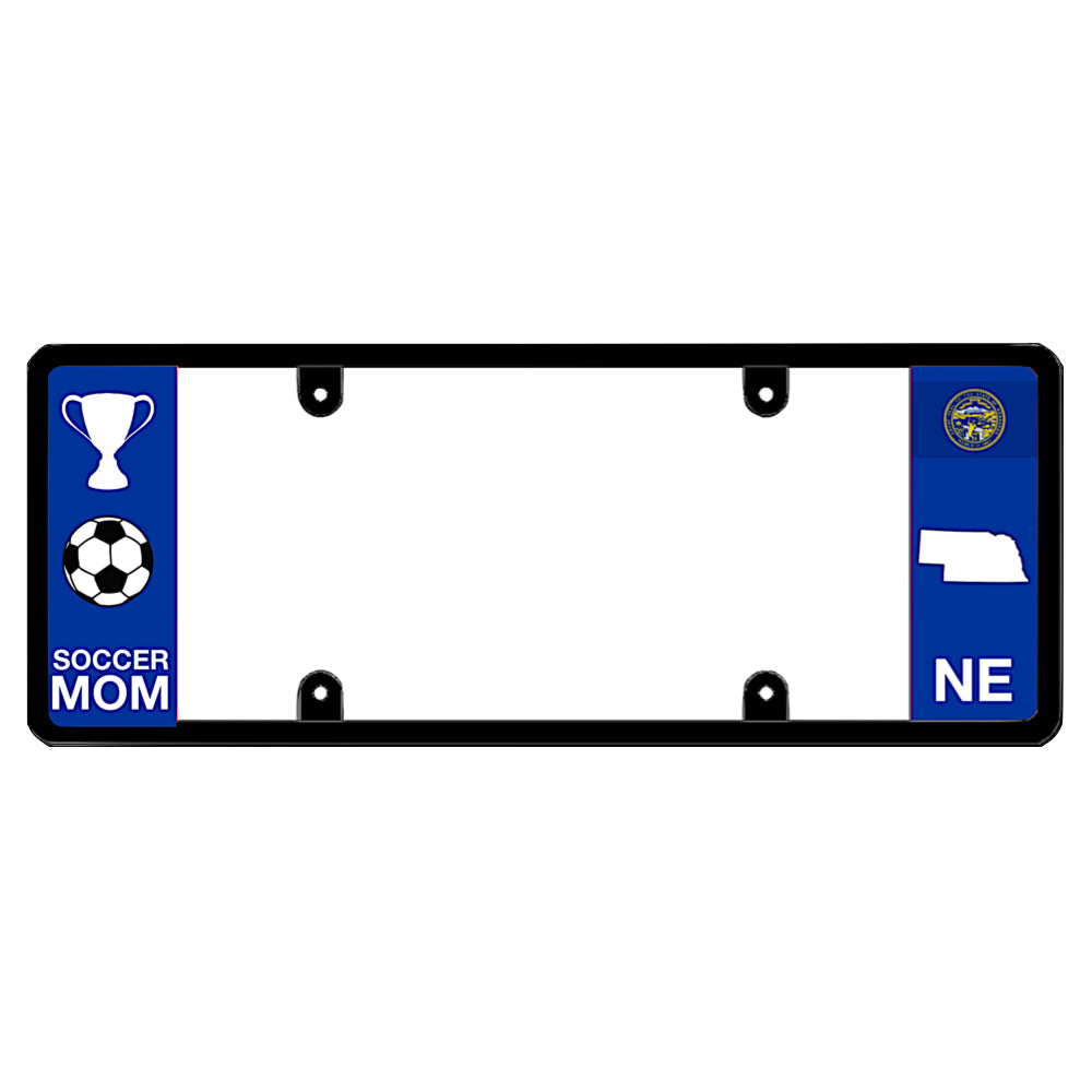 A black elongated Nebraska license plate frame featuring a soccer mom theme and a blue NE side panel by DFS Brands.