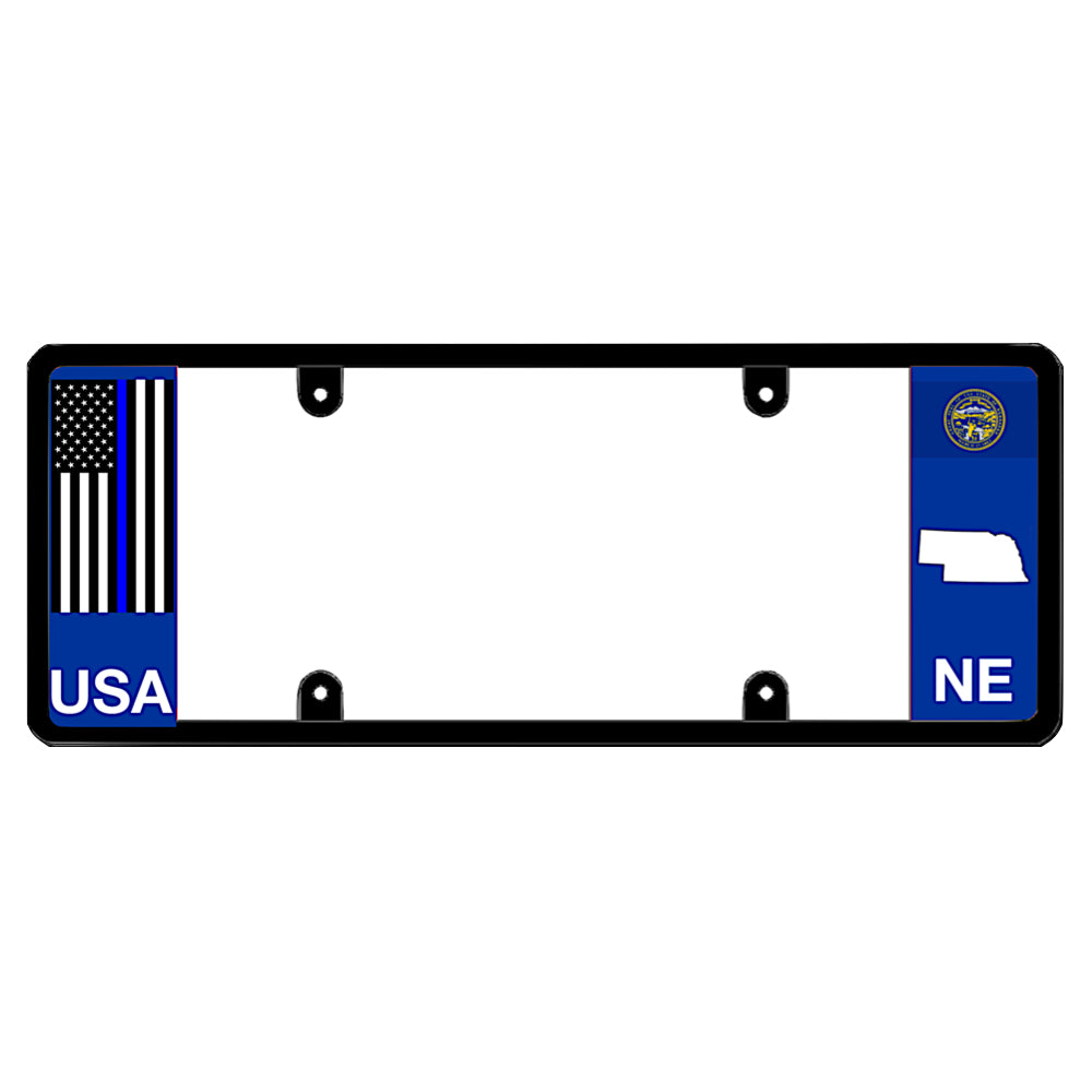 A black elongated Nebraska license plate frame with a thin blue line flag and printed NE text by DFS Brands.