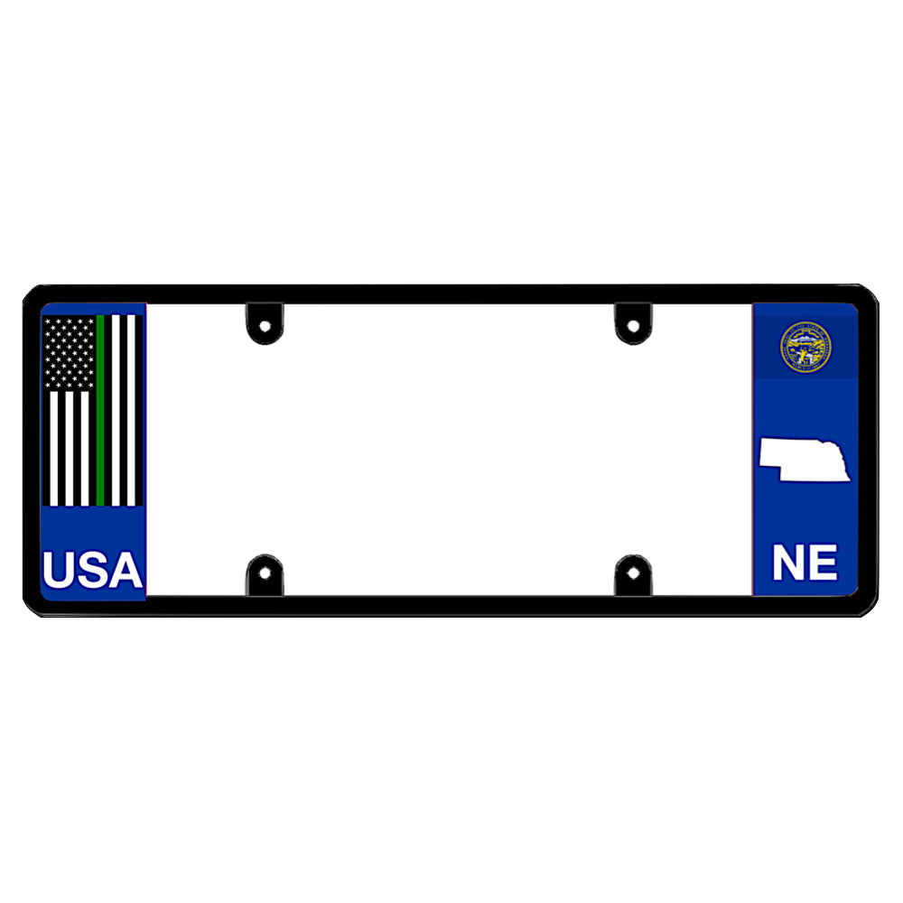 A black elongated Nebraska license plate holder with a tactical thin green line flag and printed NE graphics by DFS Brands.