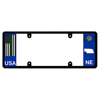 A black elongated Nebraska license plate holder with a tactical thin green line flag and printed NE graphics by DFS Brands.