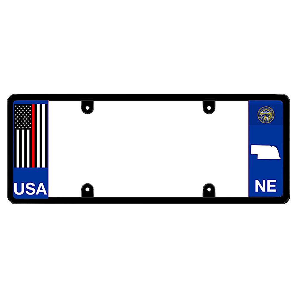 A black elongated Nebraska license plate frame featuring a thin red line firefighter flag and blue NE text panel by DFS Brands.