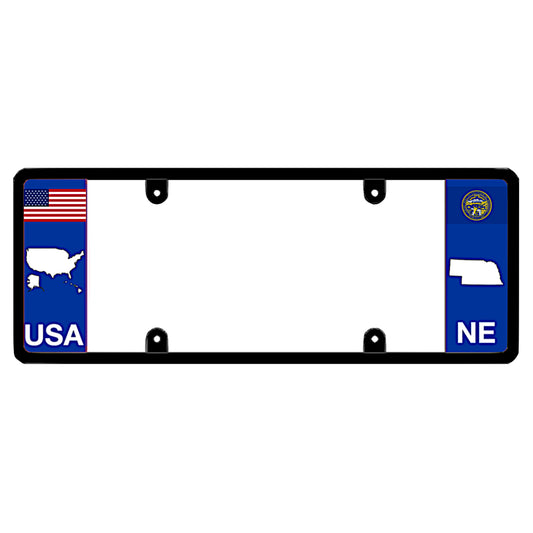 Nebraska license plate frame with USA and NE state flags on a white background