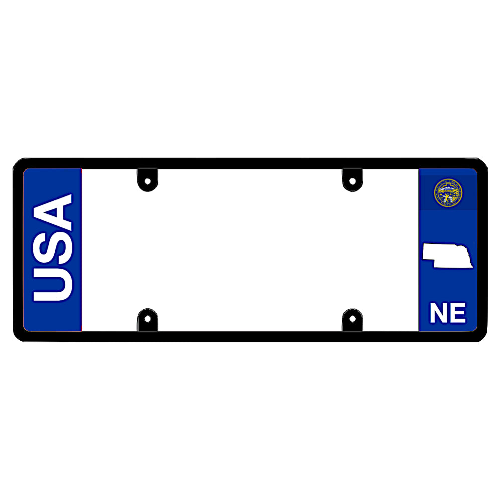 A black elongated Nebraska license plate frame featuring clean bold vertical USA and NE text panels by DFS Brands.