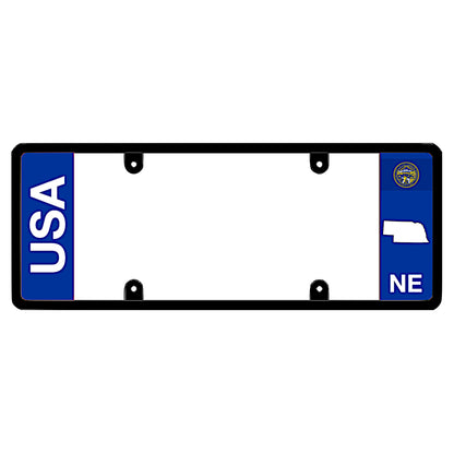 A black elongated Nebraska license plate frame featuring clean bold vertical USA and NE text panels by DFS Brands.