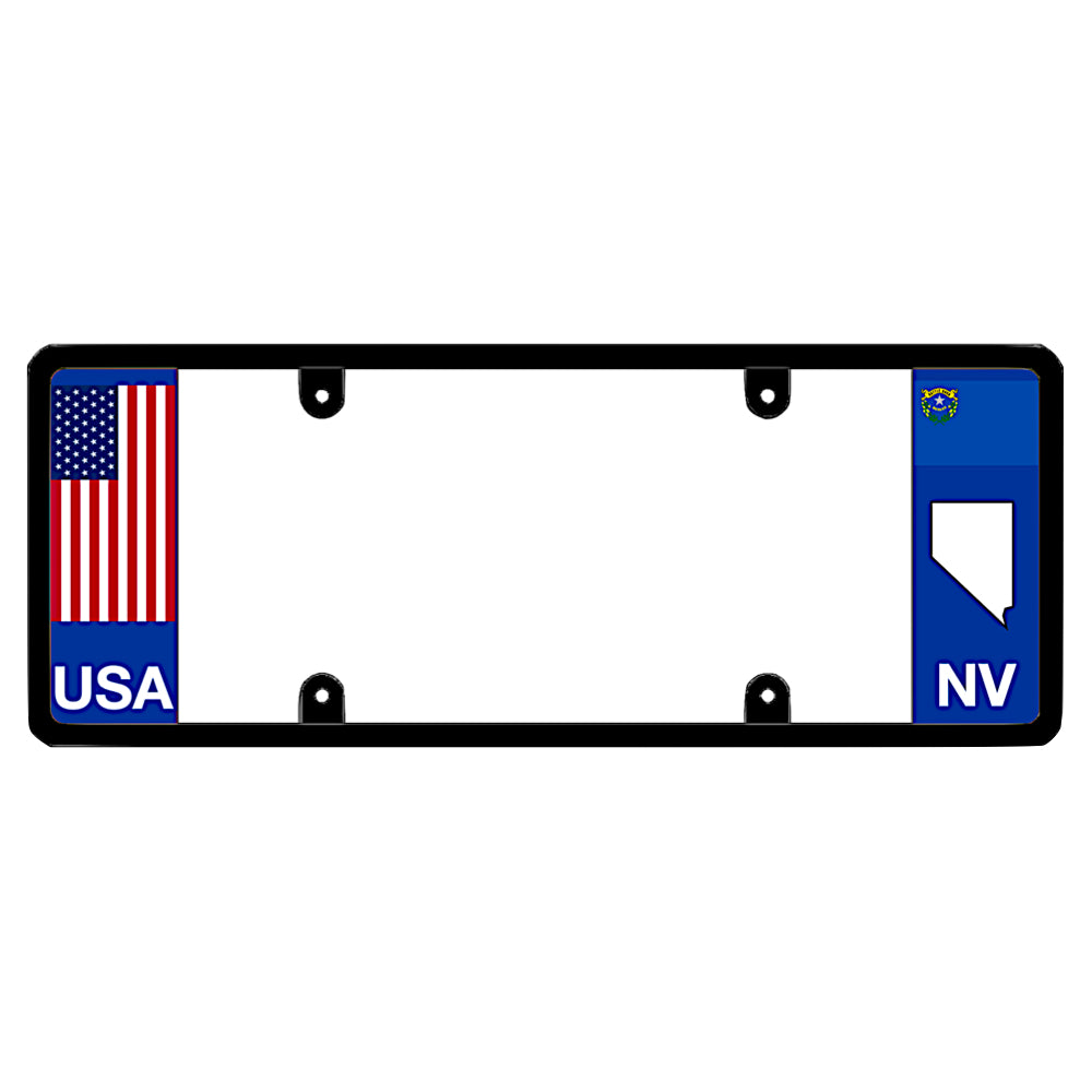 Nevada license plate frame mount featuring a classic red, white, and blue USA American flag side decal graphic for patriotic vehicle styling.