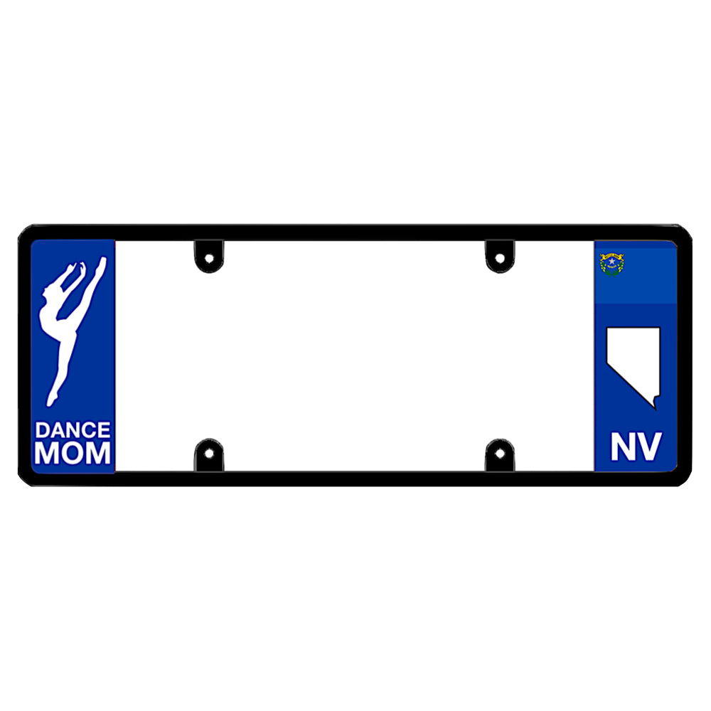 Nevada license plate frame holder for dance moms featuring a custom blue side panel with a white dancer silhouette graphic, auto accessories for car and SUV mounting.