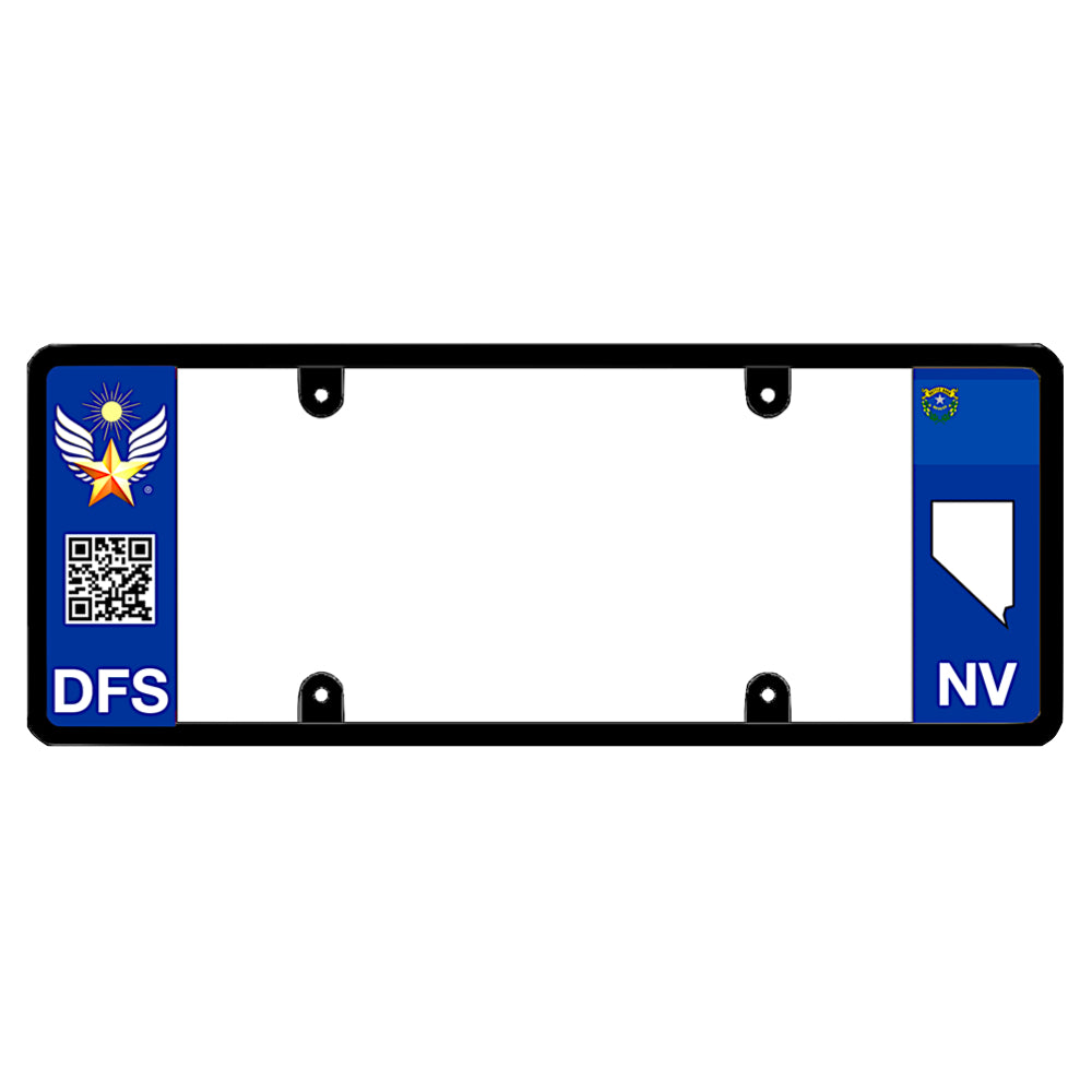 Nevada license plate frame holder featuring a blue side panel printed with DFS logo the official license frame of America, scannable QR code graphic, and DFS auto trim.
