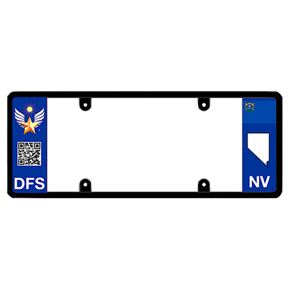 Nevada license plate frame holder featuring a blue side panel printed with DFS logo the official license frame of America, scannable QR code graphic, and DFS auto trim.