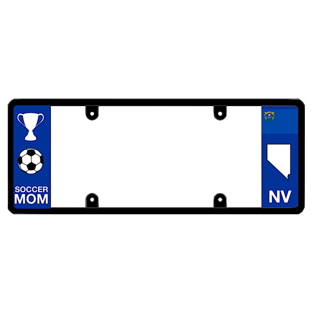 Nevada license plate frame cover for soccer moms featuring a blue panel with a white championship trophy, football graphic, and sports van accessories.