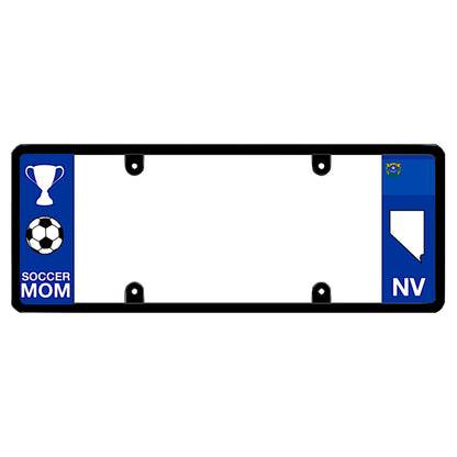 Nevada license plate frame cover for soccer moms featuring a blue panel with a white championship trophy, football graphic, and sports van accessories.