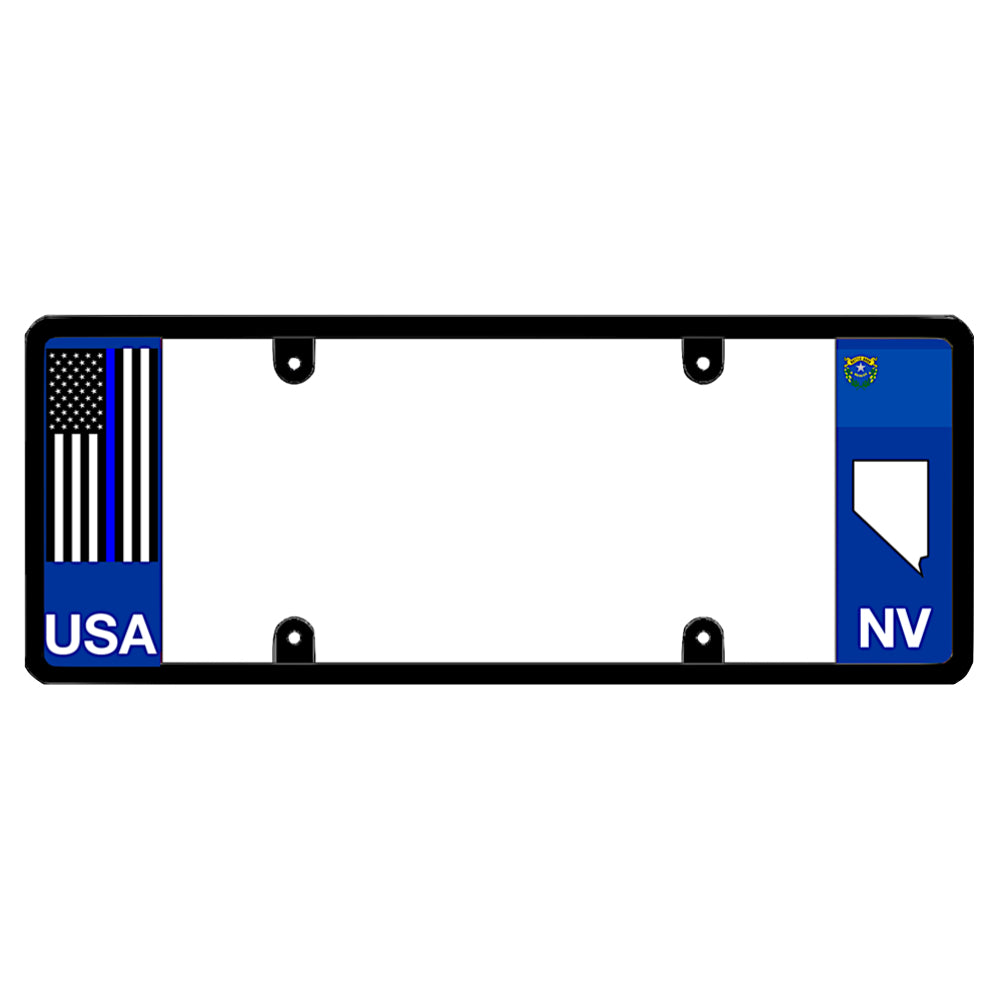 Nevada license plate frame holder featuring a thin blue line American flag graphic for police officers, law enforcement support, and auto gear.