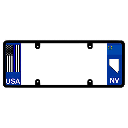 Nevada license plate frame holder featuring a thin blue line American flag graphic for police officers, law enforcement support, and auto gear.