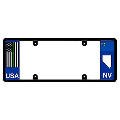 Nevada license plate frame cover with thin green line American flag design for military, border patrol, and federal agents car exterior accessories.
