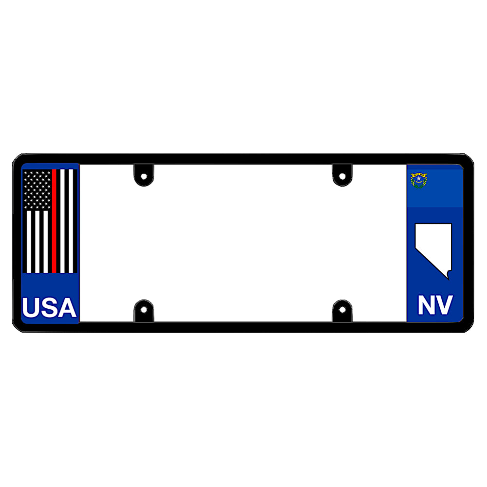 Nevada license plate frame mount with thin red line American flag decal graphic for firefighters, first responders, and emergency vehicle styling.