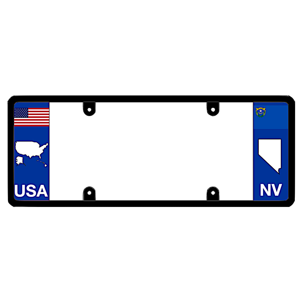 Nevada license plate frame cover featuring a blue panel with a United States map silhouette, mini American flag emblem, and patriotic auto accessories.