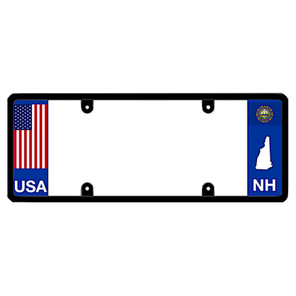 New Hampshire license plate frame USA flag holder by DFS, the official license frame of America. Drive your identity with an all-weather license frame overlay showing a vertical red white and blue old glory design beside a custom NH state flag graphic.