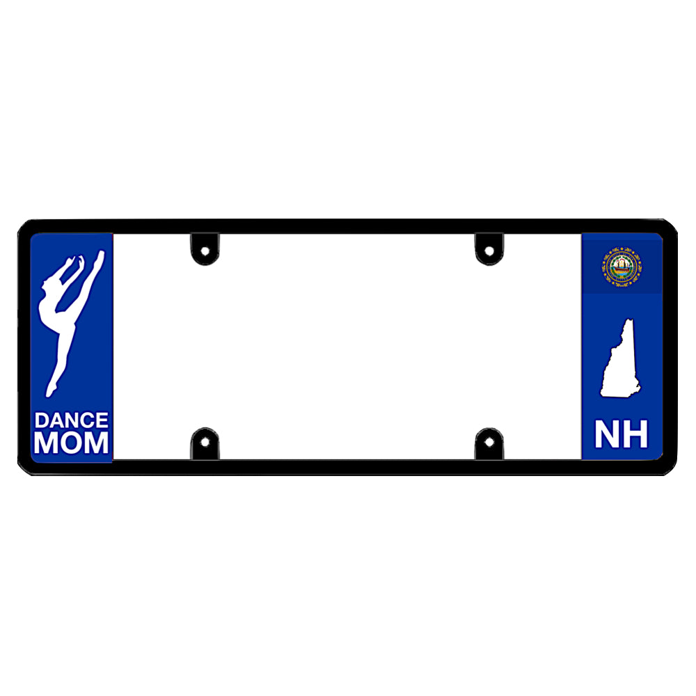 New Hampshire license plate frame dance mom cover by DFS, the official license frame of America. Drive your identity using a premium automotive accessory detailed with an elegant white ballet dancer silhouette graphic against a local NH state background panel.
