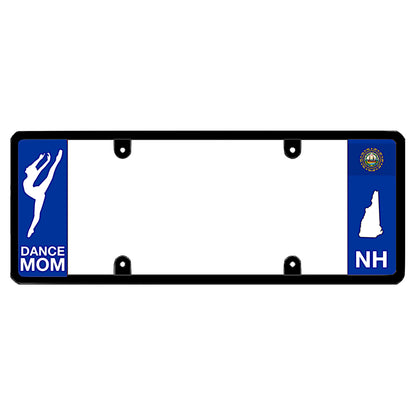 New Hampshire license plate frame dance mom cover by DFS, the official license frame of America. Drive your identity using a premium automotive accessory detailed with an elegant white ballet dancer silhouette graphic against a local NH state background panel.