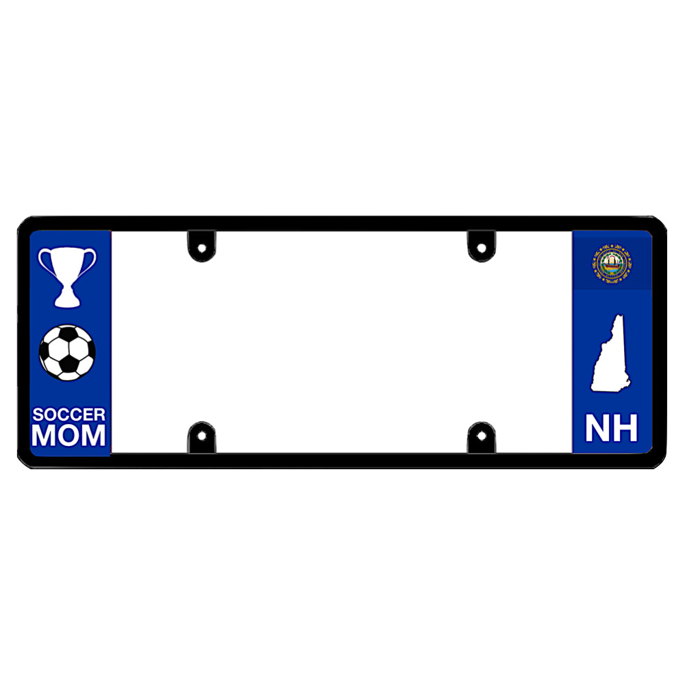 New Hampshire license plate frame soccer mom wrap by DFS, the official license frame of America. Drive your identity with sports family SUV and minivan exterior gear displaying a white championship trophy, soccer ball design, and NH state flag layout.